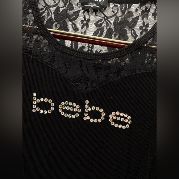 Bebe Rhinestone Lace Black Top Small - Picture 3 of 8
